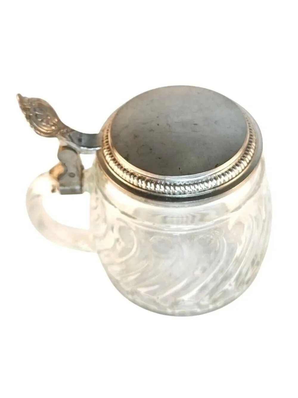 Original BMF W. Germany Glass Stein Pewter Lid Vintage Etched Glass Tankard Swir